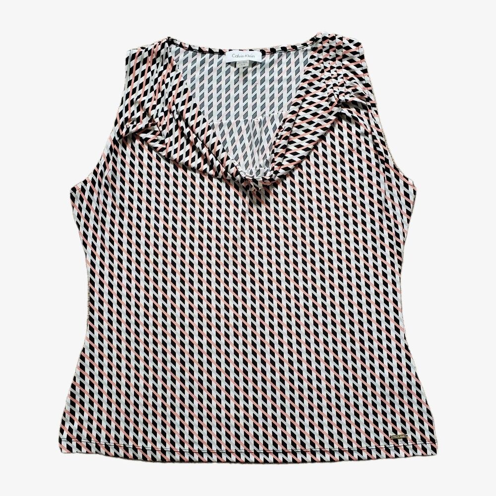 Calvin Klein Top Tank Geometric Cowl Neck Size Large Stretch Coral Multicolor